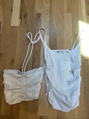 Set of two Zara White Ribbed Ruched Tank & Cropped Cami